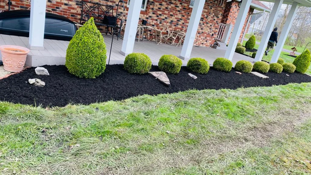 Trimmed Bushes & Shrubs in Black Mulch Next to Brick House Patio Landscaping Projects Buffalo NY